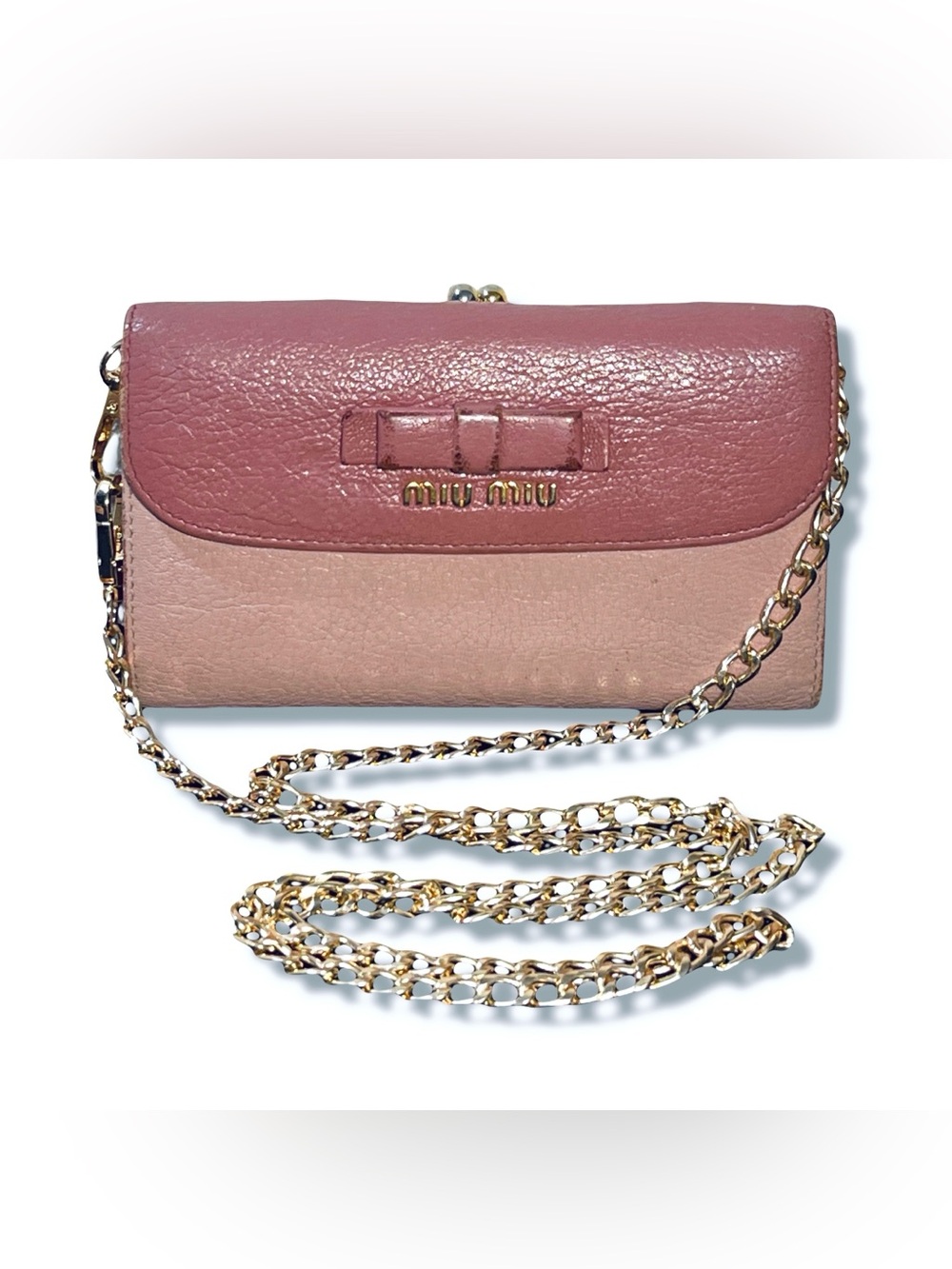 Miu Miu Madras Bicolore Trifold Frame Wallet Kiss Lock Pink WOC 5ME120 Box
